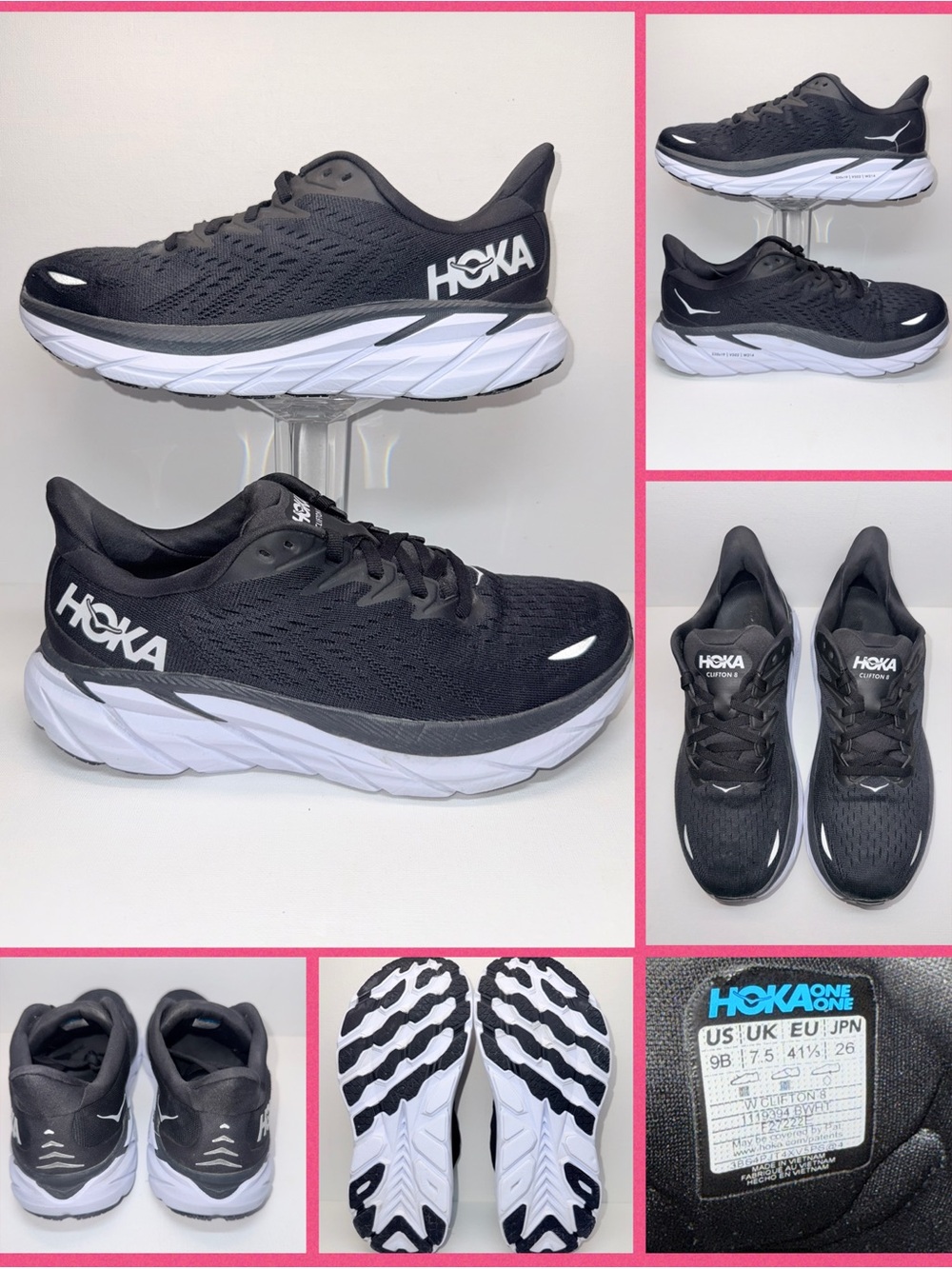 HOKA CLIFTON 8 Black and White Women's Running Shoes